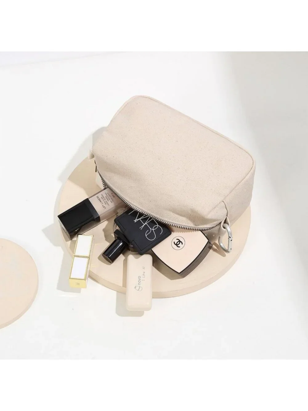 Stylish Travel Makeup Bag with Ring Clasp, Wristlet Organizer - Beige Cosmetic